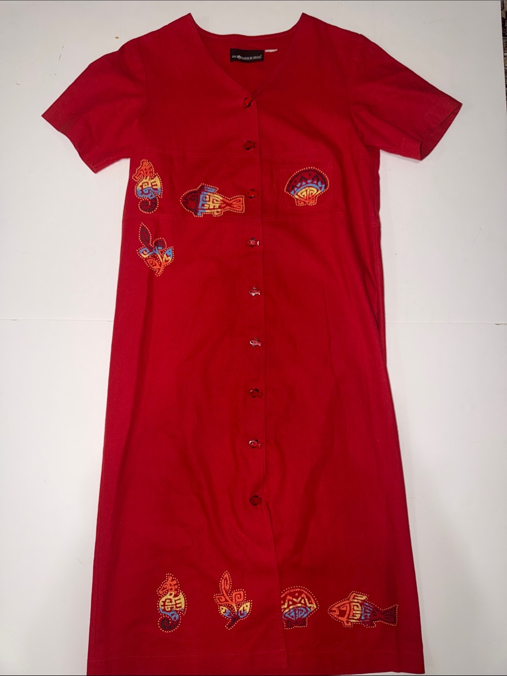 Vintage Sag Harbor Red Button-Front Midi Dress with Embroidered Motifs